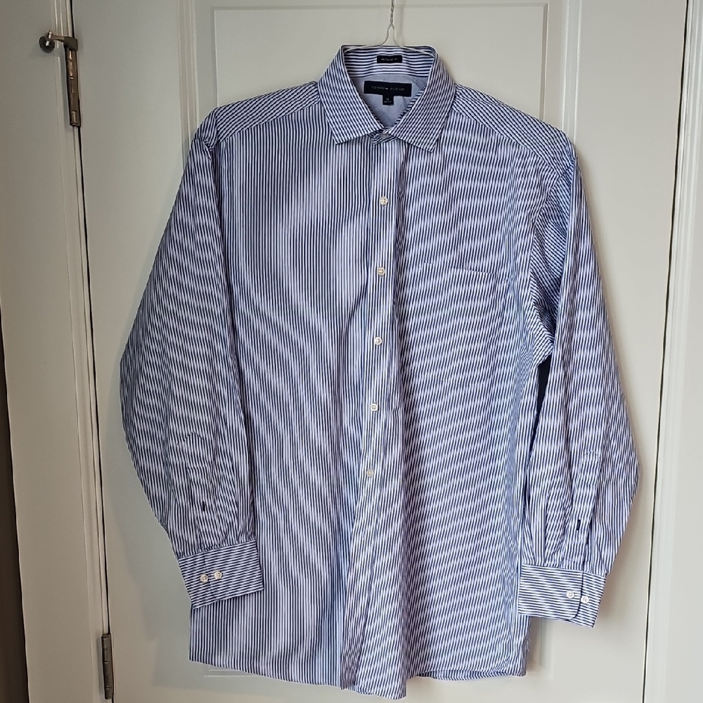 Tommy Hilfiger Men's Classic Blue and White Striped Dress Shirt